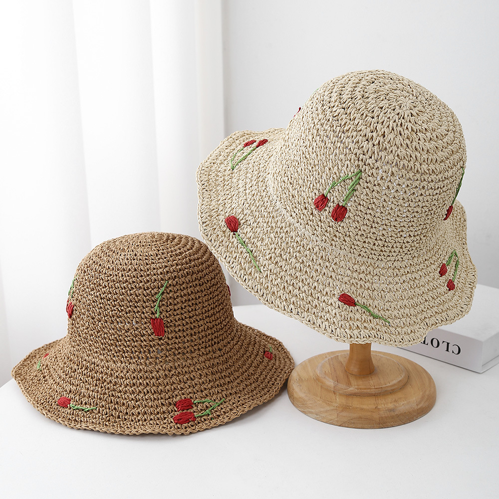 Bucket Hat Straw - Sommerhüte für Frauen, Sonnenhut, Kirschdekoration, Eimerhut,