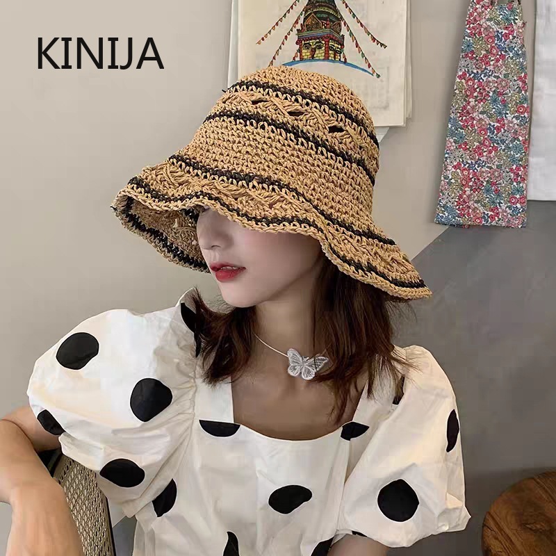 Bucket Hat Straw - Sommerhut Damen Stroh Sonnenhut Klappbarer Sonnenhut
